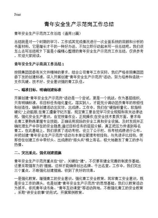 青年安全生产示范岗工作总结