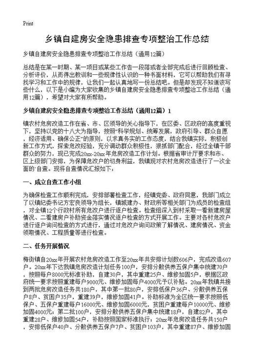 乡镇自建房安全隐患排查专项整治工作总结