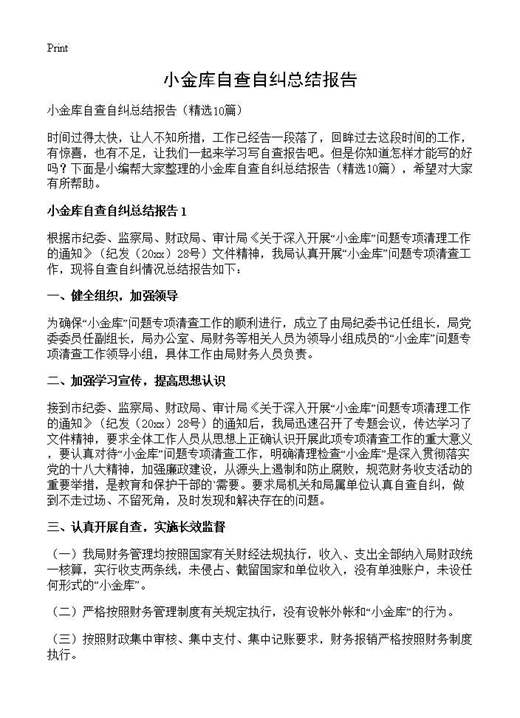 小金库自查自纠总结报告