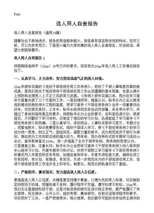 选人用人自查报告