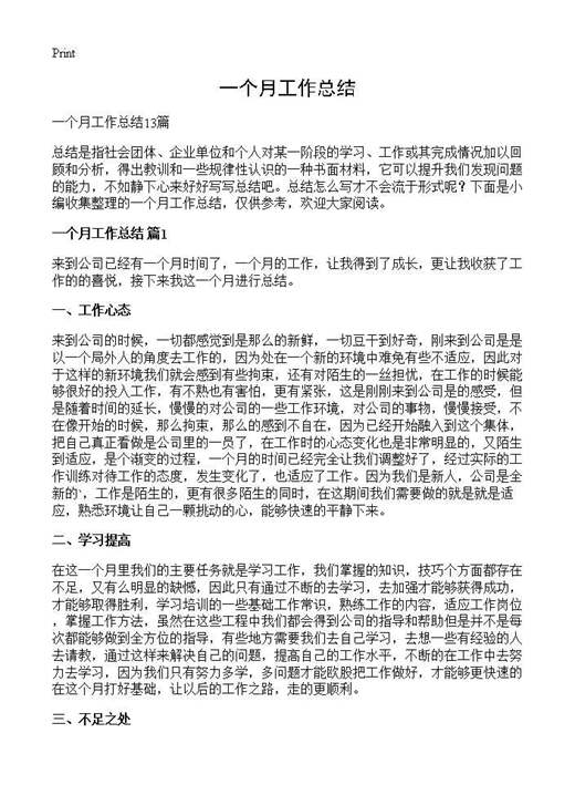一个月工作总结