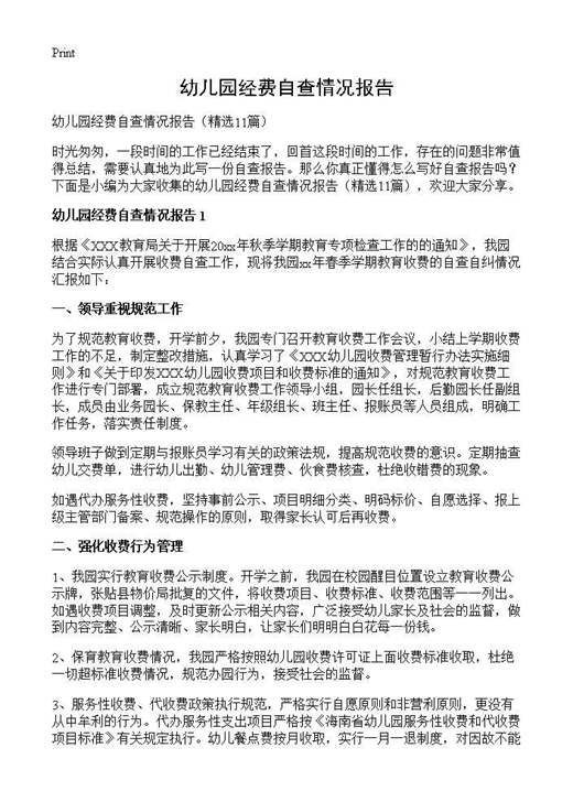 幼儿园经费自查情况报告