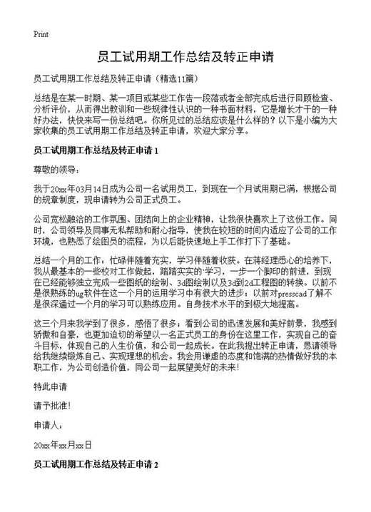 员工试用期工作总结及转正申请