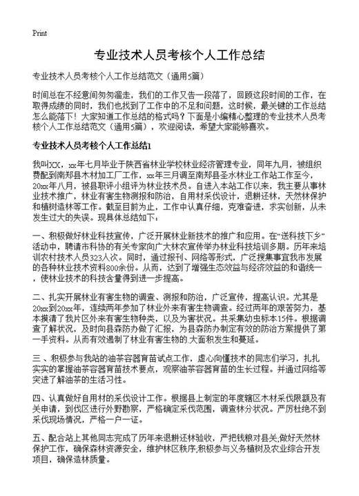 专业技术人员考核个人工作总结