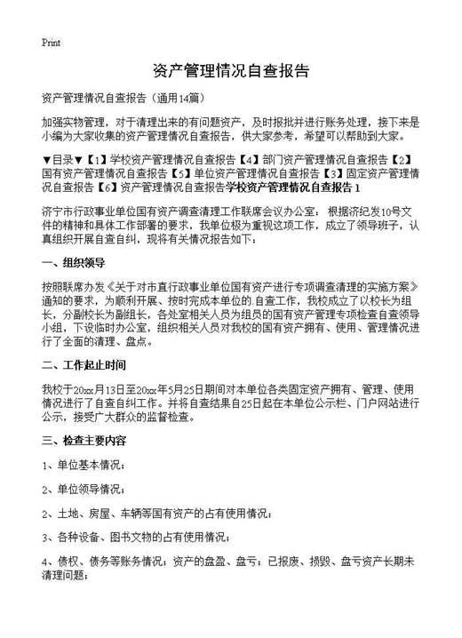 资产管理情况自查报告