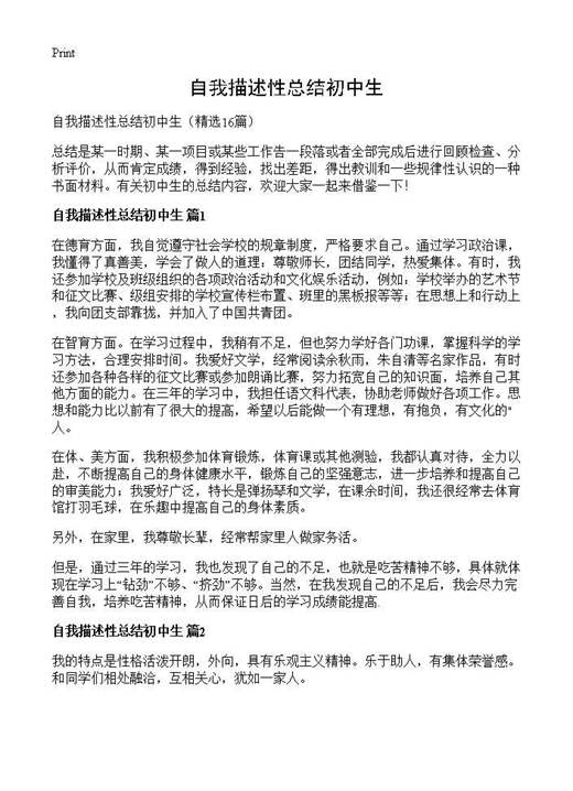 自我描述性总结初中生