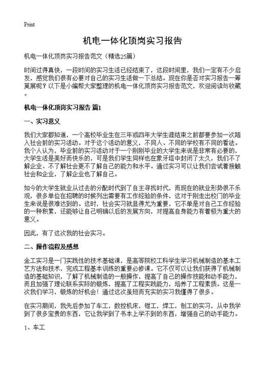 机电一体化顶岗实习报告