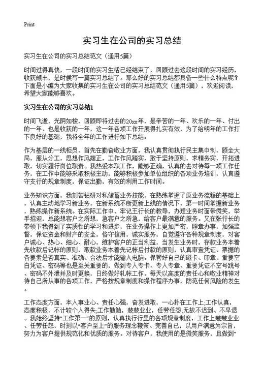 实习生在公司的实习总结