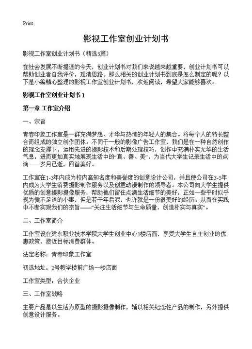 影视工作室创业计划书
