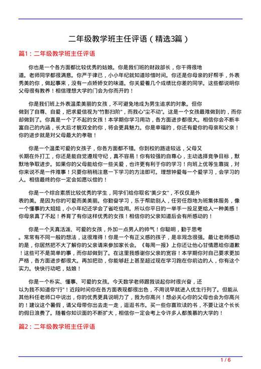 二年级教学班主任评语