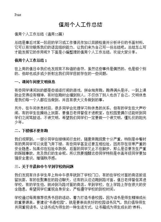 值周个人工作总结