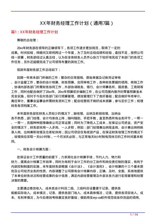XX年财务经理工作计划