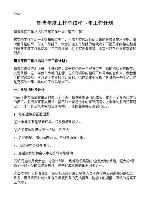 销售年度工作总结和下年工作计划