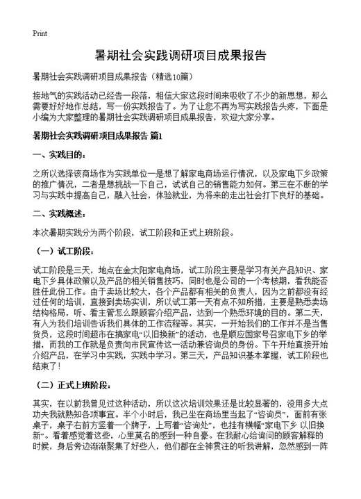 暑期社会实践调研项目成果报告