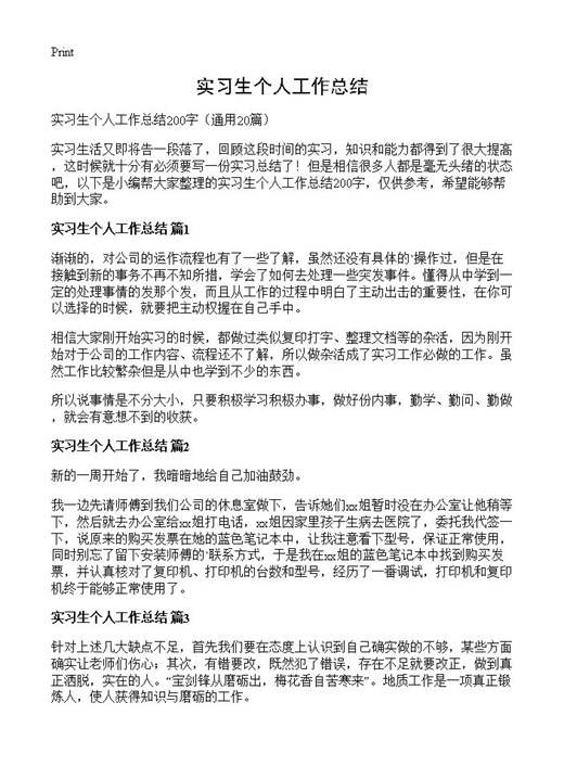 实习生个人工作总结