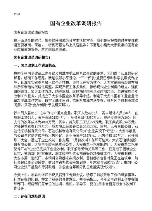 国有企业改革调研报告