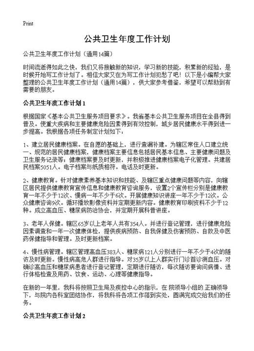公共卫生年度工作计划