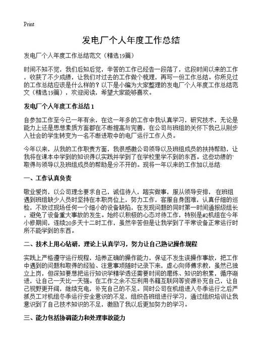 发电厂个人年度工作总结