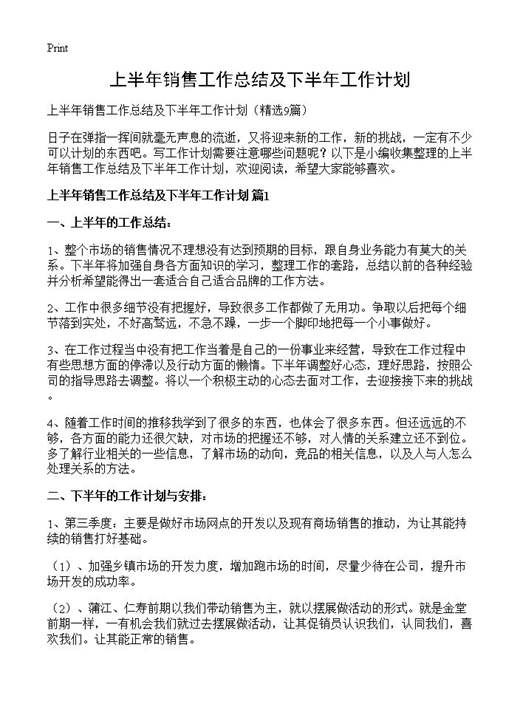 上半年销售工作总结及下半年工作计划