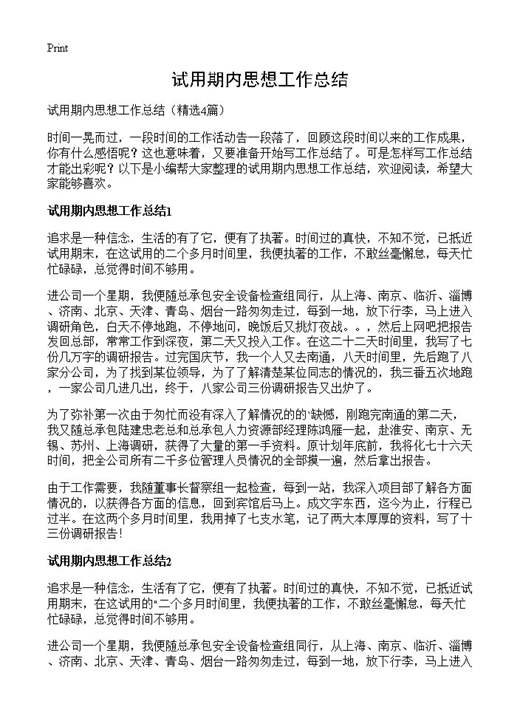 试用期内思想工作总结