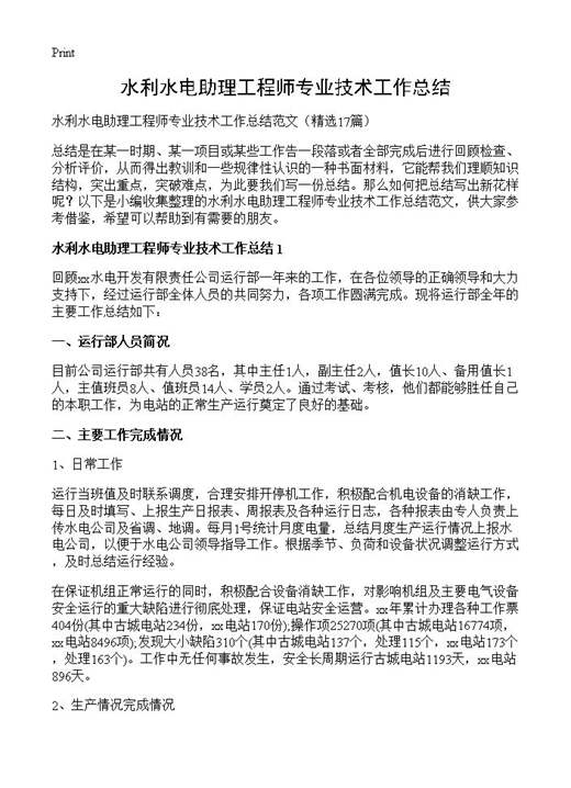 水利水电助理工程师专业技术工作总结