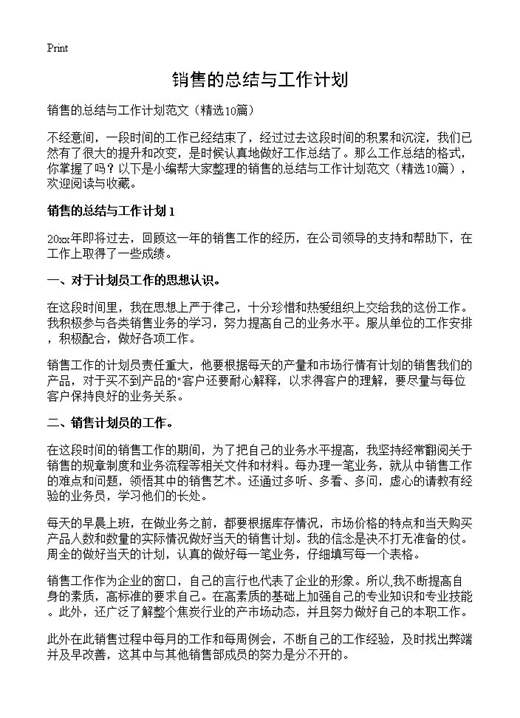 销售的总结与工作计划
