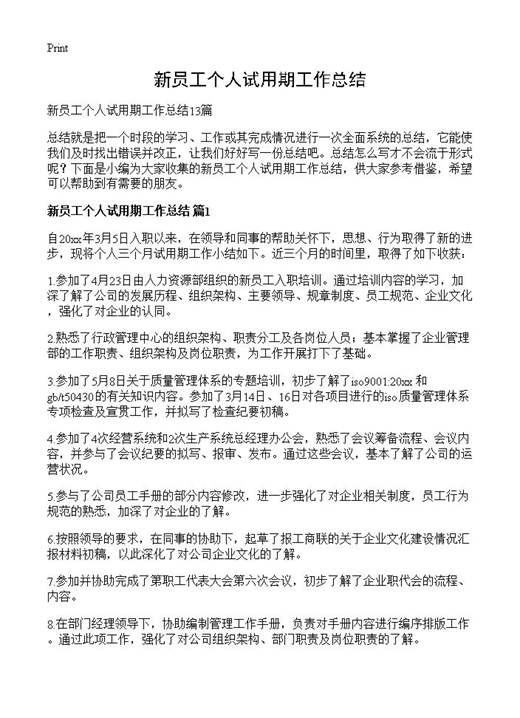 新员工个人试用期工作总结