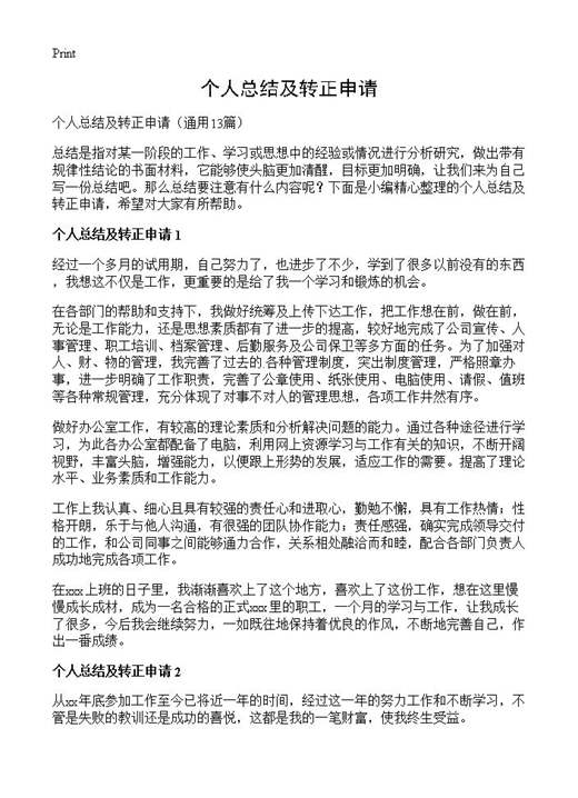 个人总结及转正申请