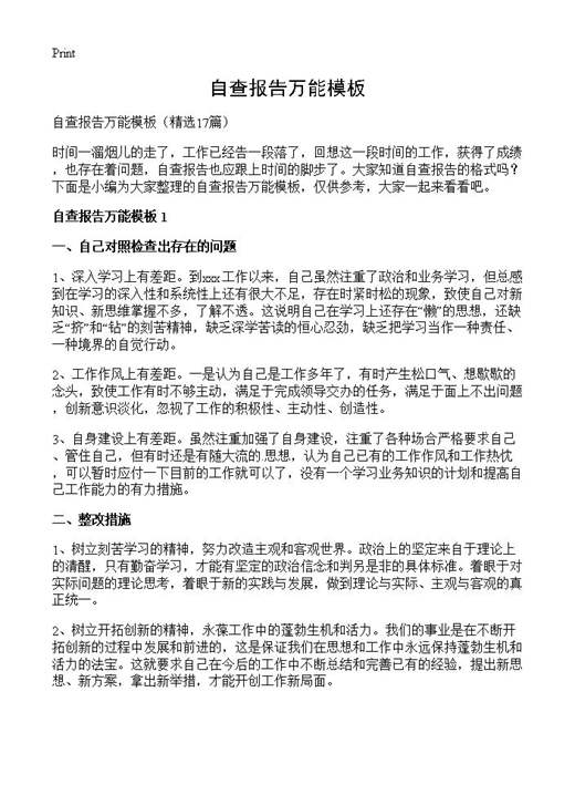 自查报告万能模板