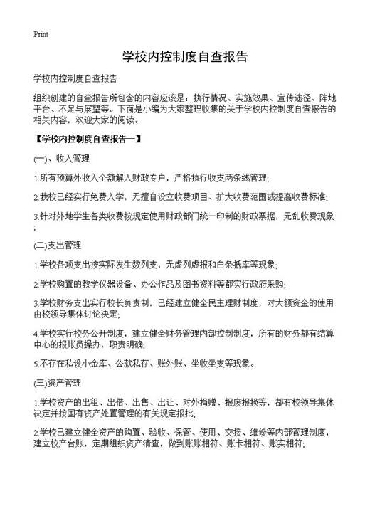 学校内控制度自查报告