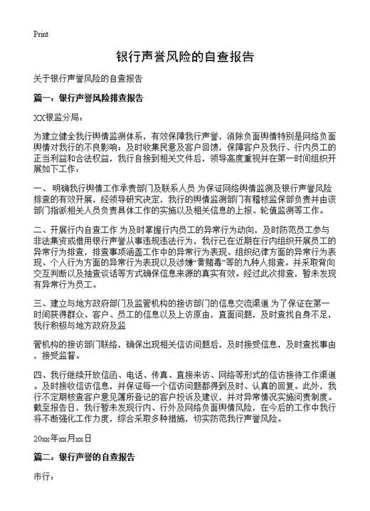 银行声誉风险的自查报告
