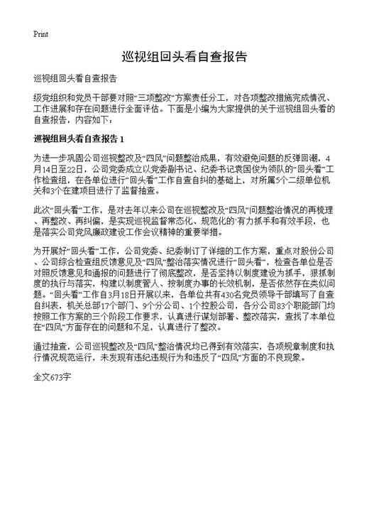巡视组回头看自查报告