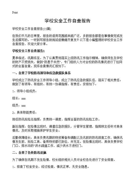 学校安全工作自查报告