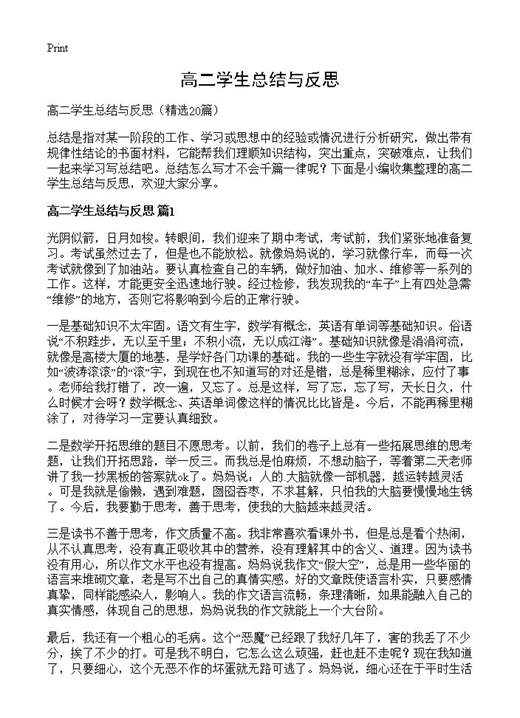 高二学生总结与反思