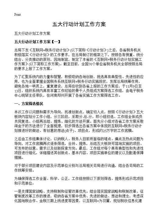 五大行动计划工作方案