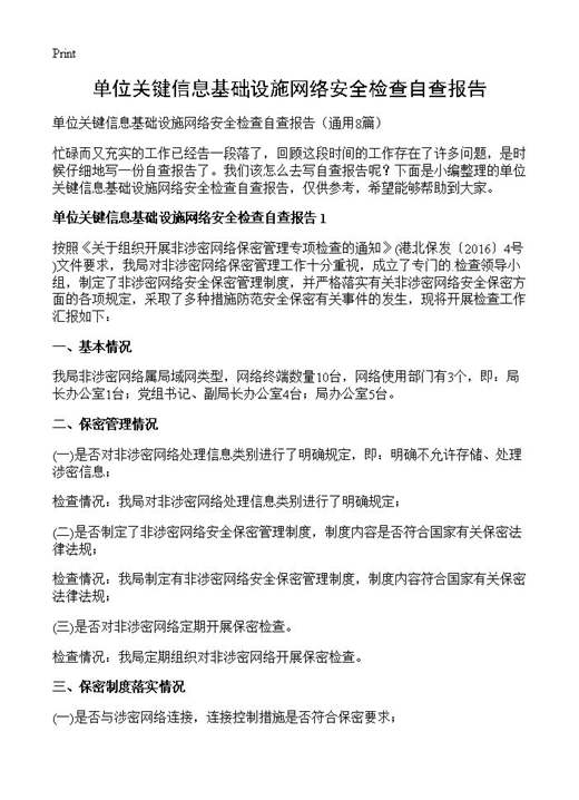 单位关键信息基础设施网络安全检查自查报告