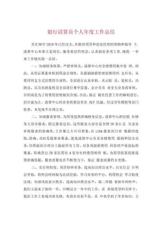 银行清算员个人年度工作总结