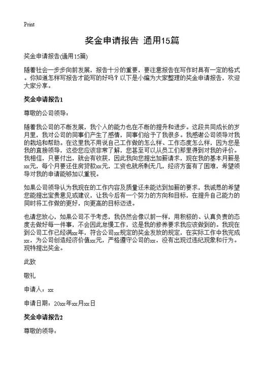 奖金申请报告