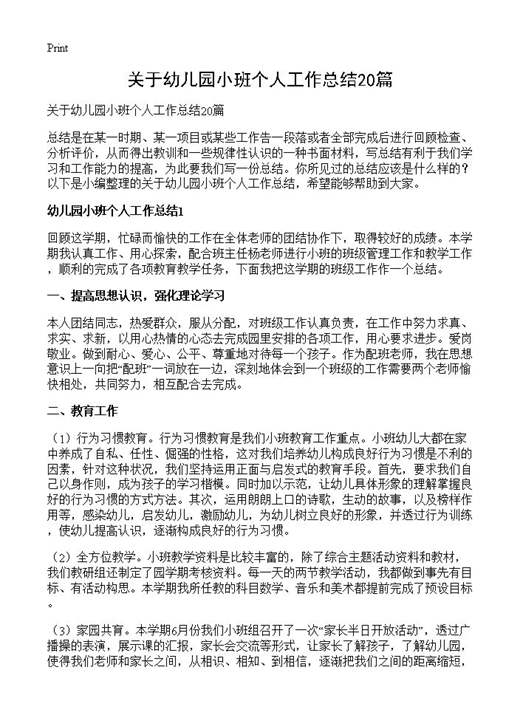 关于幼儿园小班个人工作总结
