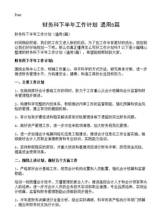 财务科下半年工作计划