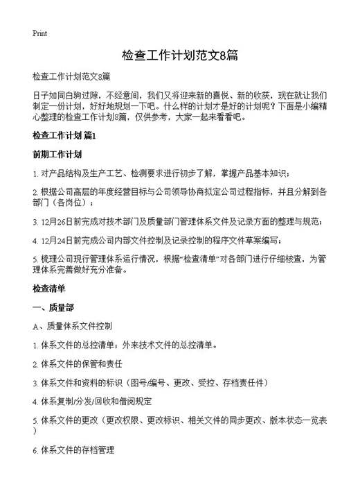 检查工作计划范文