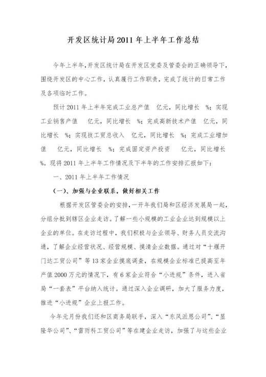 开发区统计局20XX年上半年工作总结