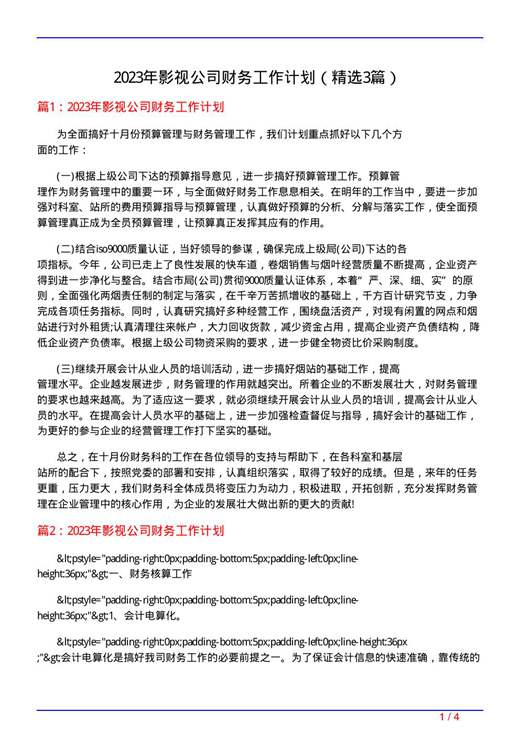 2023年影视公司财务工作计划