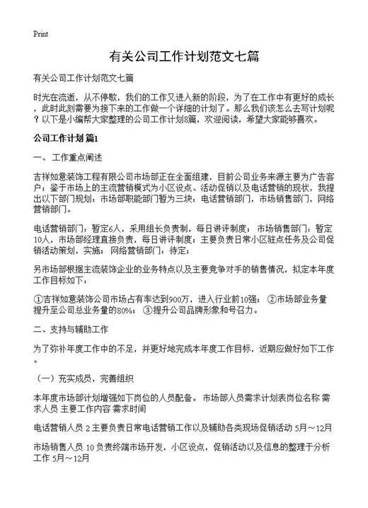 有关公司工作计划范文七篇