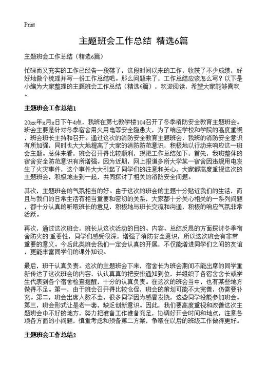 主题班会工作总结