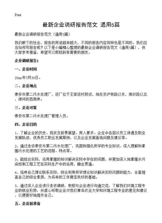 最新企业调研报告范文