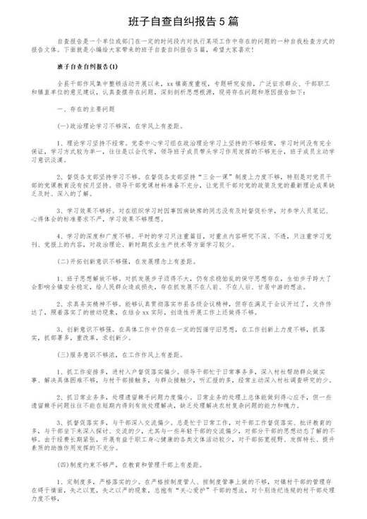 班子自查自纠报告