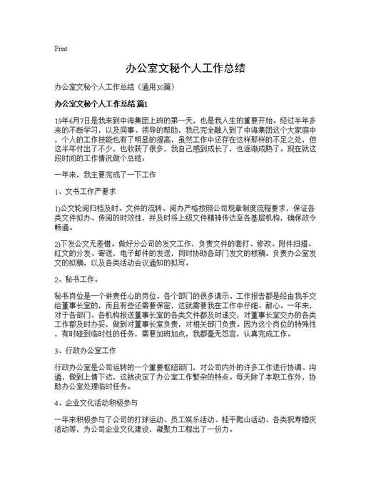 办公室文秘个人工作总结