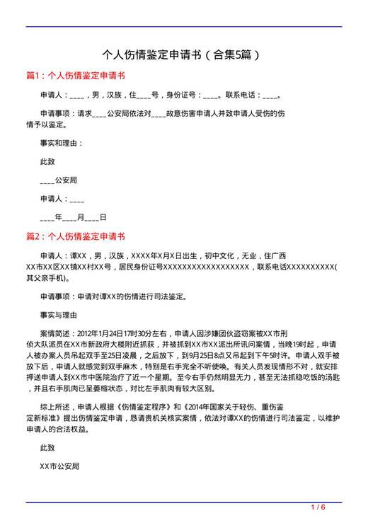 个人伤情鉴定申请书