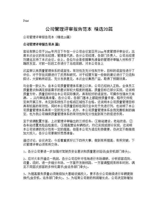 公司管理评审报告范本(精选)